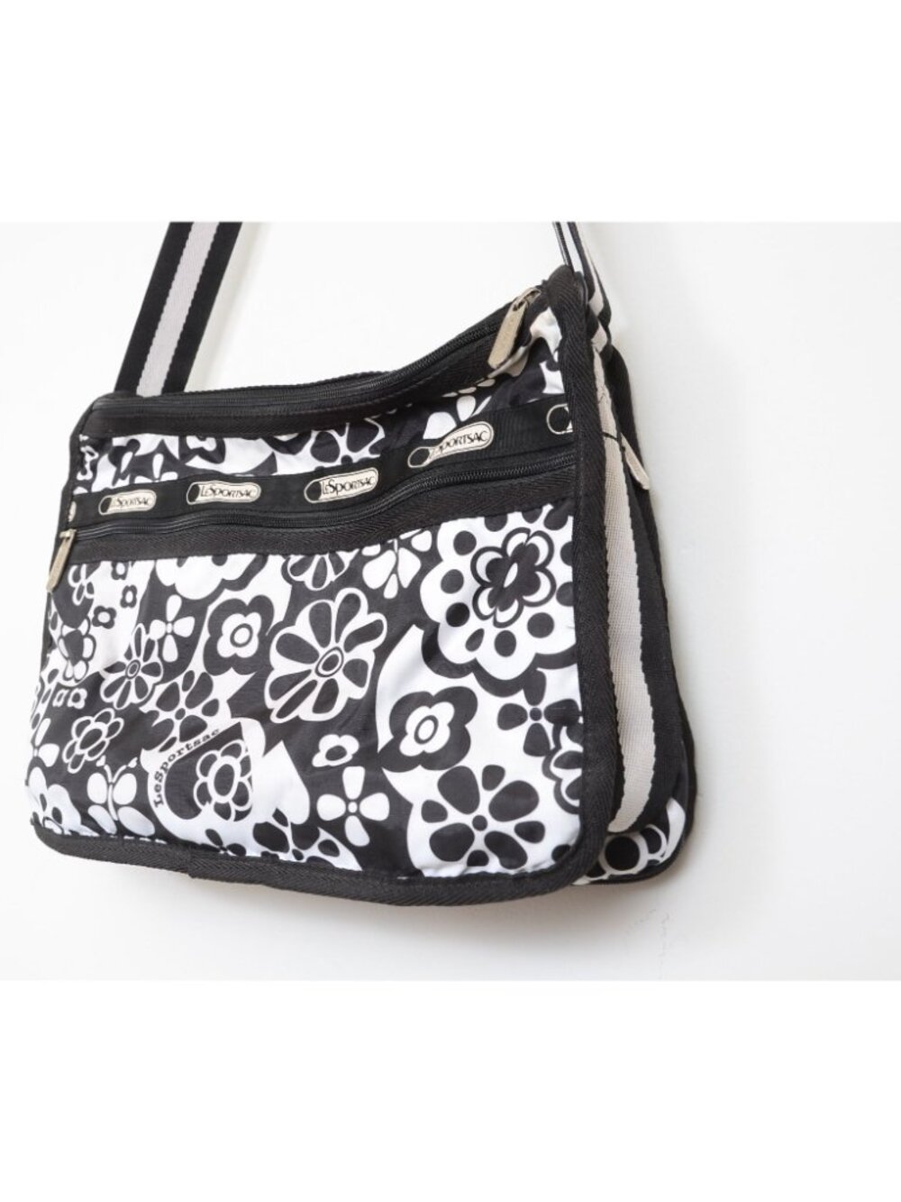 Lesportsac Deluxe Everyday Bag Black White Retro Bold Floral Crossbody Purse - Picture 6 of 9